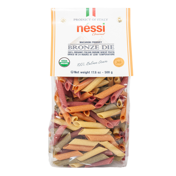 Néssi Organic Colorful Penne – Bronze Die-Cut Italian Pasta (500g / 17.6oz / 1.1 lb)