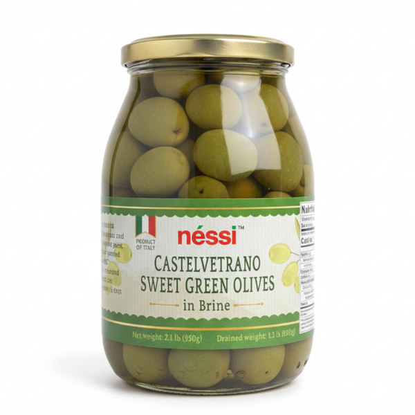 Néssi Castelvetrano Green Olives in Brine – Mild, Buttery, and Authentically Italian (950g / 2.1 lb)