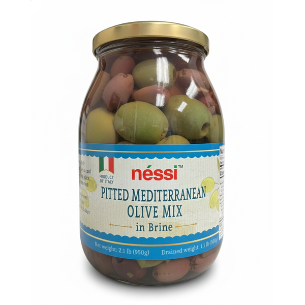 Néssi Pitted Mediterranean Olive Mix in Brine – Colorful, Balanced, and Authentically Italian (950g / 2.1 lb)