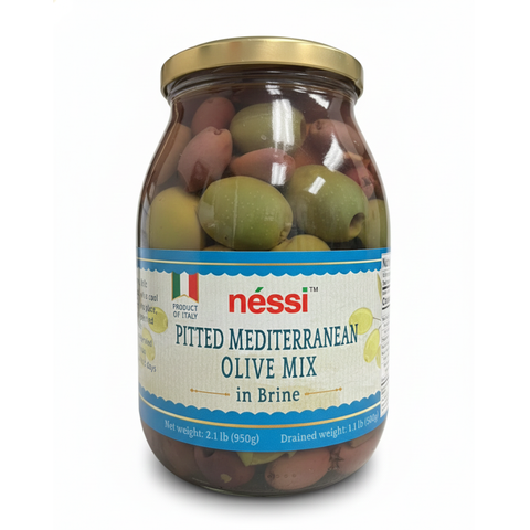 Néssi Pitted Mediterranean Olive Mix in Brine – Colorful, Balanced, and Authentically Italian (950g / 2.1 lb)