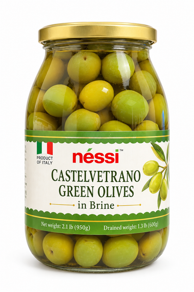 Néssi Castelvetrano Green Olives in Brine – Mild, Buttery, and Authentically Italian (950g / 2.1 lb)