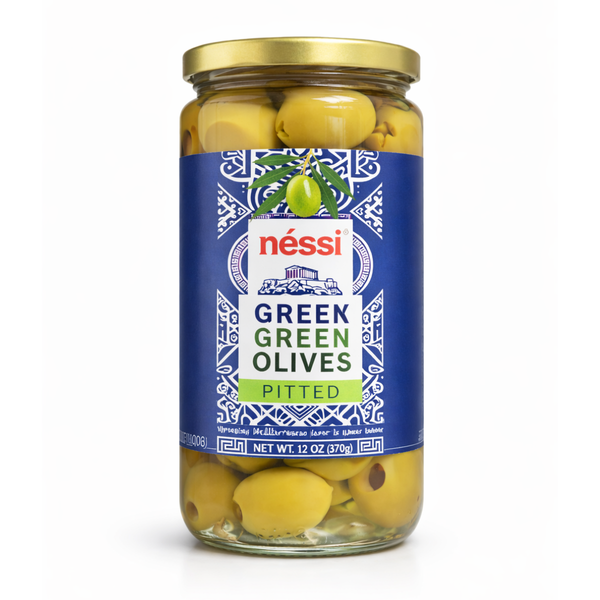 Néssi Greek Green Olives – Pitted Mediterranean Olives (12 oz / 370g)