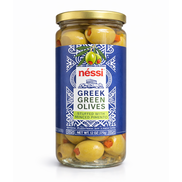 Néssi Greek Green Olives Stuffed with Minced Pimento – Mediterranean Olives (12 oz / 370g)