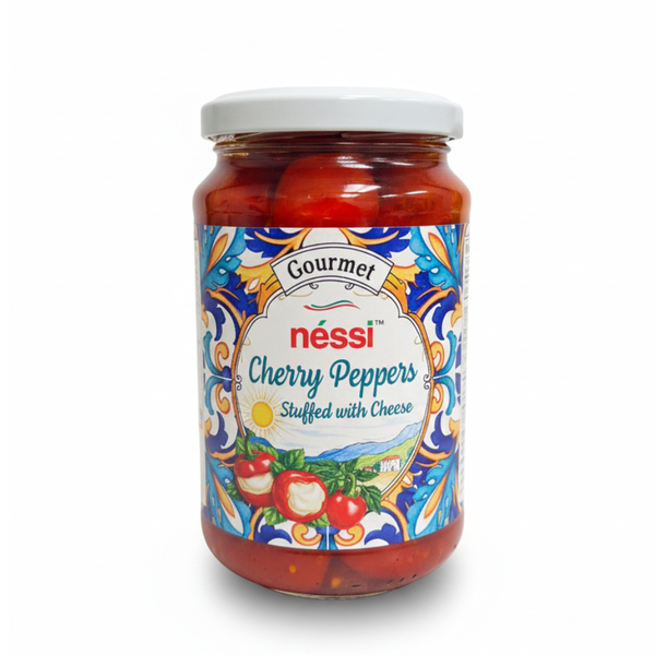 Néssi Gourmet Cherry Peppers Stuffed with Cheese – Bold, Creamy, and Authentically Italian (12 oz)